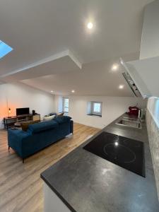a living room with a blue couch and a kitchen at Bastille in Tournon-sur-Rhône +17 photos