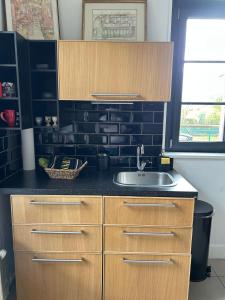 a kitchen with a sink and a black wall at Le numéro 5 in Bar-le-Duc