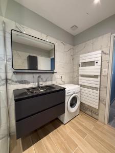 a bathroom with a sink and a washing machine at La grange de Tombeloly in Clermont-de-Beauregard