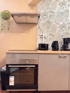 a kitchen with a stove top oven next to a counter at Le Secret de Grippon in Morne-à-lʼEau