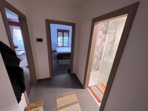 a bathroom with a shower and a walk in shower backdoor at Podgorica Royal Apartment in Podgorica +7 photos