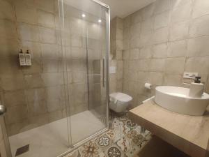 a bathroom with a shower and a sink and a toilet at Hostal Sa Baronia in Banyalbufar +97 photos