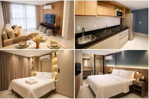 three different views of a hotel room with two beds at Jardins Almare Apart Hotel in João Pessoa
