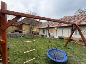 a playground with a blue tire swing in a yard at 7Csakra Vendeghaz in Szentendre +16 photos