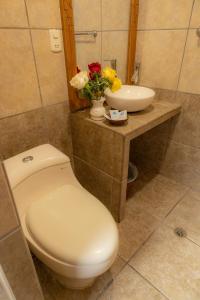 a bathroom with a toilet and a sink with flowers at Seven Machupicchu in Machu Picchu