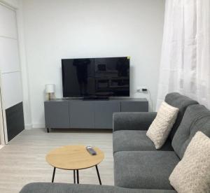 a living room with a couch and a tv at Puerto playa B in Malpica