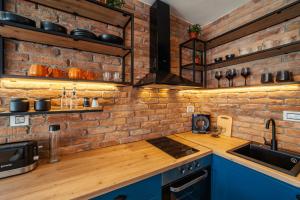 a kitchen with blue cabinets and a brick wall at Zara Garden Apartment in Novi Sad