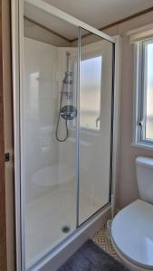 a bathroom with a shower and a toilet at Rocco Family Retreat, Green Lawns in Selsey