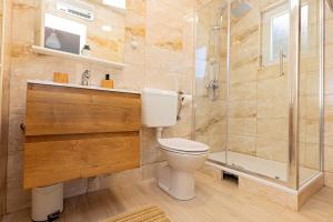 a bathroom with a toilet and a shower at Kuća za odmor Holiday spa House Kostanjevec- Oaza mira ,bazen i spa in Velika Gorica +50 photos