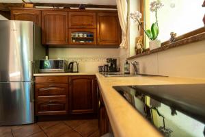 a kitchen with wooden cabinets and a stainless steel refrigerator at Majcia in Jelenia Góra