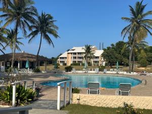 a resort swimming pool with chairs and palm trees at The Flip Flop Villa in Christiansted