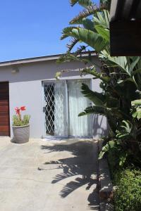 a front door of a white house with a plant at Cozy and Central Bachelor Flat in Wellington