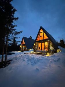 a log cabin in the snow at night at Villa Tara in Žabljak