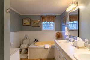 a bathroom with a tub and a toilet and a sink at Our Happy Nest in Boone +32 photos