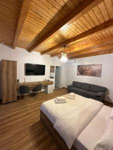 a bedroom with a bed and a couch and a desk at Casa Sima 2 in Curtea de Argeş