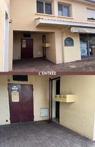 two pictures of a building with a door and a entrance at Biscalove in Biscarrosse