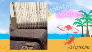 a collage of a bedroom with a bed and a beach umbrella at Hotel Valparaiso in San Antonio