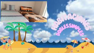 a collage of two pictures of a bedroom with a beach at Hotel Valparaiso in San Antonio