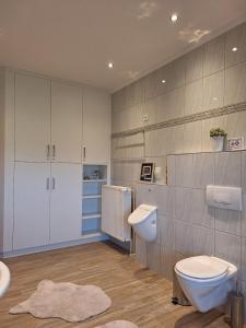 a bathroom with a toilet and a sink at Haus mit Seeblick in Fürstenau +17 photos