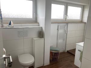 a bathroom with a toilet and a sink and two windows at Klein aber fein in Gaimersheim