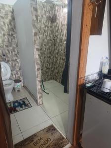 a bathroom with a shower and a toilet at Chalé Garças in Chapada dos Guimarães +28 photos