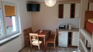 a small kitchen with a small table and a kitchenette with a table at Penzion V Roklich & Apartments V Roklich in Ricany