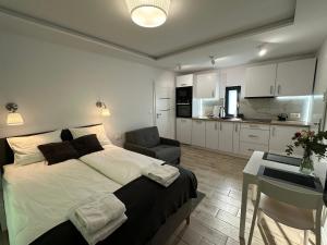 a bedroom with a large bed and a kitchen at Villa Kryspinów K&J in Kryspinów