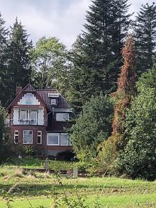 a large house in the middle of a field at Ferienappartement im Waldhaus Göhrde in Nahrendorf