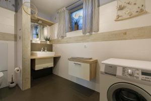 a bathroom with a washing machine and a sink at Monopol Apartments in Wernigerode