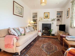 a living room with a couch and a fireplace at Blackbird Cottage near Appledore in Bideford