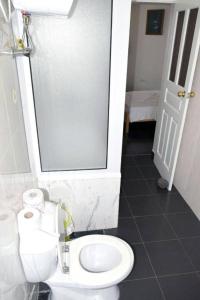 a bathroom with a white toilet and a door at Fogo Island in São Filipe