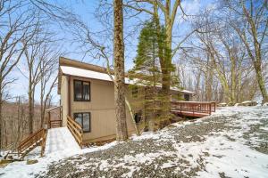 a small house in the woods in the snow at Oma's Beech House in Beech Mountain
