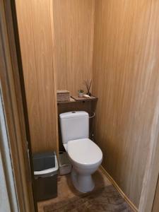 a bathroom with a toilet with a wooden wall at Nidos centras -Taikos g in Nida