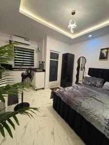 a bedroom with a bed and a plant in it at Studio apartment-Akilo in Lagos