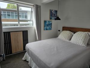 a bedroom with a bed and a large window at City Living in New Plymouth