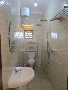 a bathroom with a sink and a toilet and a mirror at Dorah's Apartment in Entebbe +18 photos
