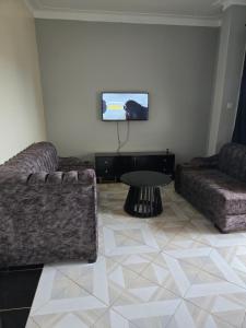 a living room with two couches and a flat screen tv at Dorah's Apartment in Entebbe