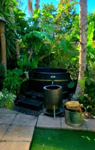 a garden with a large pot and two buckets at SAGE Cottage Bloubergstrand in Cape Town +21 photos