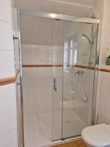 a shower stall in a bathroom with a toilet at Wunderschöne Landhauswohnung in Rinteln in Rinteln