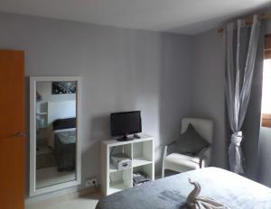 1 dormitorio con espejo, 1 cama y TV en La Mariquita, en Corralejo