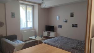 a small living room with a bed and a couch at Studio cosy coeur centre ville in Aubusson