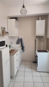 a kitchen with white cabinets and a refrigerator at Studio cosy coeur centre ville in Aubusson