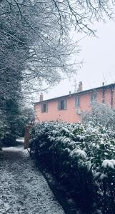 a snow covered bush in front of a building at Casin de Mori - intero appartamento 80mq- in Penna