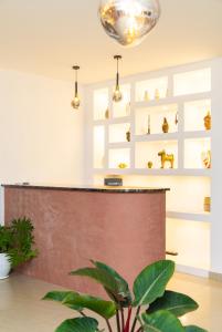 a lobby with a counter and a potted plant at Résidence L'Eau Vive in Cotonou +79 photos