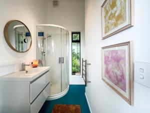 a bathroom with a shower and a sink and a mirror at Epic Ocean Views & Outdoor bath in Wellington +3 photos