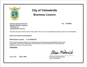 a screenshot of the city of yellowknife business license at Modern House with Aurora Views in Yellowknife
