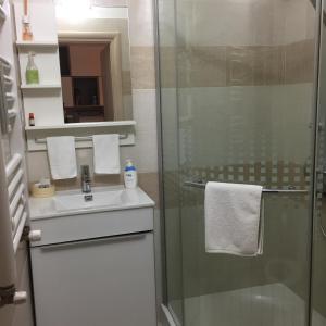 y baño con ducha y lavamanos. en Mikes Apartman, en Szekszárd