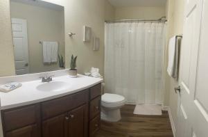 a bathroom with a sink and a toilet and a shower at 4BR Cruise-Ready Home Walk to Moody Gardens Fenced Yard in Galveston +17 photos