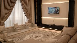 a living room with a couch and a tv at Sheba Palace Apartment in Addis Ababa