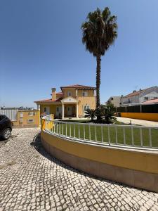 a palm tree in front of a house at Pool, BBQ & Soccer Villa in Aroeira